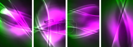 Ilustración de Una vibrante muestra de colorido con luces púrpura y verde sobre un fondo negro, creando un patrón fascinante de rectángulos y organismos en tonos violeta y magenta - Imagen libre de derechos