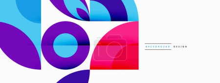 Illustration for Colorfulness and art meet in a vibrant abstract background with circles and squares in shades of violet, magenta, and electric blue on a white canvas - Royalty Free Image