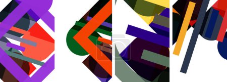Téléchargez les illustrations : Une œuvre d'art textile présentant un collage de formes géométriques colorées comprenant des triangles, des rectangles et des teintes de violet, violet et magenta sur fond blanc - en licence libre de droit