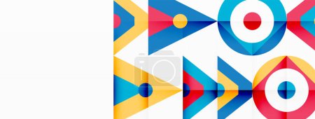 Téléchargez les illustrations : Un art textile vibrant avec un motif géométrique coloré avec des flèches, des cercles, des rectangles et des triangles dans des tons d'azur et de bleu électrique sur un fond blanc symétrique - en licence libre de droit