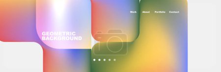 A vibrant geometric background featuring a rainbow gradient with colorful tints and shades. The design includes circles and rectangles in electric blue, liquid magenta, and macro photography effects