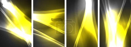 Cuatro pancartas con luces líquidas amarillas y blancas sobre un fondo negro, que muestran iluminación automotriz, primeros planos de plantas terrestres, y varios tintes y tonos en diseños circulares