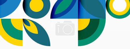 Ein stilvolles geometrisches Muster mit blauen, gelben und grünen Formen wie Rechtecken und Kreisen auf weißem Hintergrund. Perfekt für ein modernes Logo oder Grafikdesign-Projekt