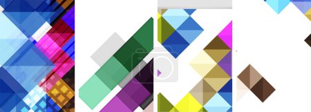 Téléchargez les illustrations : Affichage vibrant d'arts créatifs présentant une variété de formes et de couleurs telles que des rectangles violets, des triangles violets, des teintes magenta et des motifs symétriques sur fond blanc - en licence libre de droit