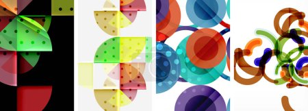 Téléchargez les illustrations : A creative arts product featuring a collage of colorful geometric designs, including circles, rectangles, and tints and shades of magenta, on a black and white background - en licence libre de droit