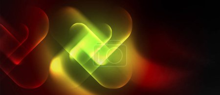 Ilustración de Una exhibición artística de luces rojas, amarillas y verdes que se mueven en un patrón circular sobre un fondo negro con efectos de destello de lente creando un aura azul eléctrico - Imagen libre de derechos