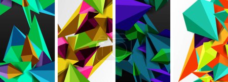 Ein kreatives Kunstwerk mit einer Collage aus bunten Dreiecken lila, violett, magenta, Farbtönen und Schattierungen, die symmetrisch auf weißem Hintergrund angeordnet sind
