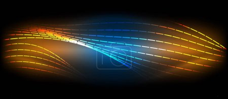 Illustration for A mesmerizing electric blue wave with a lens flare effect on a dark background, creating a stunning visual effect lighting up the sky like a gasfilled circle, an artistic pattern at a special event - Royalty Free Image