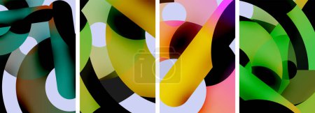 Téléchargez les illustrations : Un collage vibrant de quatre motifs abstraits aux teintes audacieuses et aux nuances de jaune, de magenta et d'autres couleurs dans des motifs pétales et rectangle, inspirés des arts visuels et de l'art du verre - en licence libre de droit
