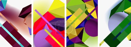 Illustration for A vibrant collage of colorful geometric shapes including rectangles, triangles, and symmetrical designs in magenta tints and shades, creatively arranged on a white textile background - Royalty Free Image