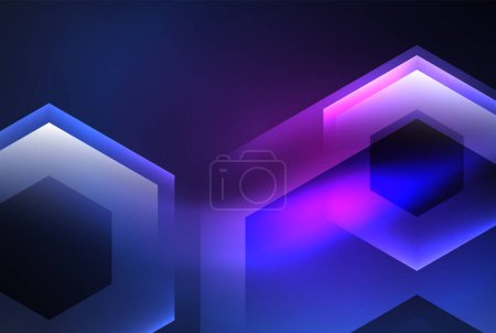 Ilustración de Los triángulos púrpura neón y los hexágonos brillantes sobre un fondo azul eléctrico crean una iluminación visual visualmente impresionante en tonos gaseosos de magenta y violeta. - Imagen libre de derechos