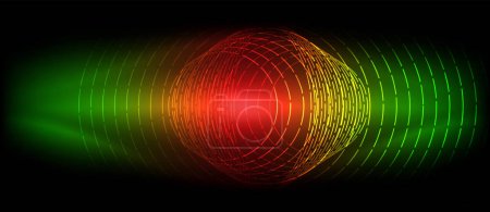 Illustration for Vibrant red, green, and yellow waves create a colorful visual effect on a sleek black background, resembling automotive lighting tints. The circular pattern adds depth and interest to the design - Royalty Free Image