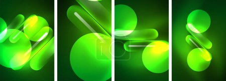 Illustration for A pattern of four glowing green circles resembling automotive lighting on a dark background, creating a striking contrast like balls of light in a grassy field - Royalty Free Image