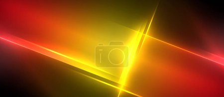 Illustration for Three vibrant beams of amber, orange, and red light illuminate the dark sky, resembling an automotive lighting display. The intense heat creates a stunning lens flare above the horizon - Royalty Free Image