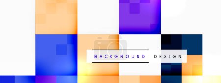 A vibrant and colorful background featuring squares in shades of azure, violet, and electric blue on a white backdrop. The pattern showcases symmetry with a modern and bold font style