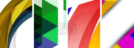 Ilustración de Una pieza de arte vibrante con un collage de formas geométricas coloridas que incluyen rectángulos y triángulos en tonos magenta y azul eléctrico sobre un fondo blanco - Imagen libre de derechos