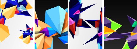 Téléchargez les illustrations : Une composition artistique de triangles, rectangles et motifs géométriques dans les tons bleu électrique et magenta, créant un design symétrique sur fond noir - en licence libre de droit
