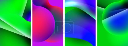 Ilustración de Un vibrante collage de coloridos fondos abstractos con tonos de púrpura, violeta, magenta y azul eléctrico. Cada rectángulo muestra una propiedad de material único y tecnología de fuente - Imagen libre de derechos