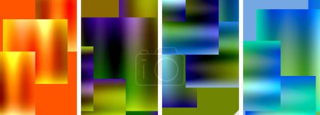 Ilustración de Cuatro fondos abstractos vibrantes y simétricos que muestran un arco iris de colores que incluyen púrpura, azul eléctrico, magenta, y varios tintes y tonos - Imagen libre de derechos