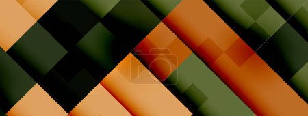 Ilustración de Un intrincado patrón de triángulos y rectángulos en tonos de verde, naranja y negro, creando un diseño simétrico con toques de magenta, melocotón y círculos azules eléctricos - Imagen libre de derechos