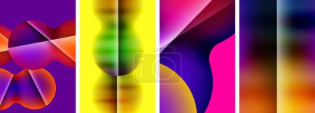 Téléchargez les illustrations : Un collage vibrant d'images colorées avec un fond violet avec des motifs pétales dans des teintes et des nuances de bleu électrique et de magenta, créant un design symétrique avec des cercles et des rectangles - en licence libre de droit