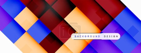 Illustration for An artistic design featuring vivid violet and magenta hues, with a symmetrical arrangement of rectangles and triangles. A white arrow points towards the right amidst a colorful background - Royalty Free Image