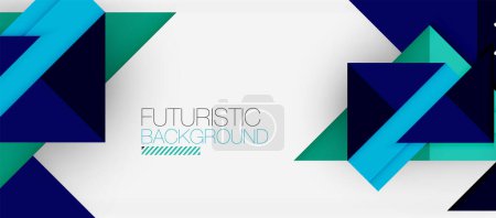 Illustration for Electric blue triangles and green rectangles create a futuristic facade on a white background. The font, graphics, and logo blend in with circles and triangles, reflecting a modern brand - Royalty Free Image