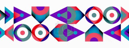 A creative arts design featuring rectangles, triangles, circles, and arrows in magenta and electric blue on a white background. The pattern shows symmetry and artistic flair