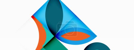 Téléchargez les illustrations : Une œuvre d'art symétrique en papier de construction aqua, bleu électrique et orange en motifs triangulaires et circulaires ressemblant à un système de roues automobiles, sur fond blanc - en licence libre de droit
