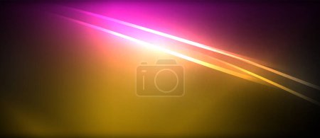 Ilustración de Una vibrante llamarada de lente púrpura y amarilla está creando un impresionante contraste contra la profunda oscuridad del fondo, iluminando el cielo con magenta y tonos azules eléctricos. - Imagen libre de derechos