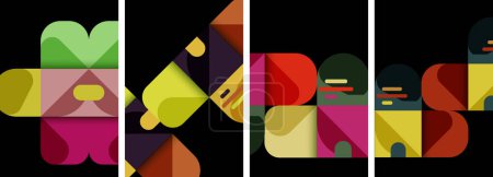 Ilustración de Un collage de imágenes coloridas sobre un fondo negro con rectángulos, textiles, arte, camisetas magenta, varias fuentes, tintes y sombras, patrones, simetría y muslos - Imagen libre de derechos