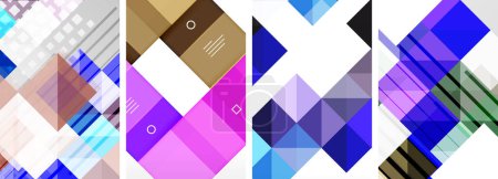 Illustration for A creative arts composition of various colored shapes like brown rectangles, purple triangles, violet squares, and magenta textiles, all arranged in symmetry on a white background - Royalty Free Image
