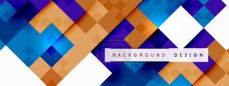 Illustration for A vibrant background design featuring blue and orange squares with elements of symmetry, triangles, rectangles, and violet accents. Perfect for textile, flooring, or art projects - Royalty Free Image