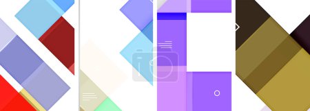 Téléchargez les illustrations : Une œuvre vibrante avec un mélange de formes colorées, y compris des triangles azur, des rectangles violets et des carrés magenta sur un fond blanc - en licence libre de droit