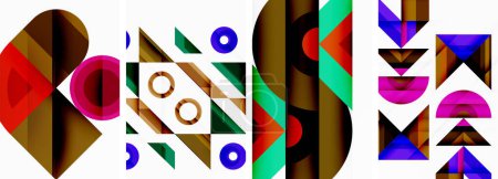 Téléchargez les illustrations : Une composition artistique présentant une variété de formes géométriques colorées, y compris des rectangles, des triangles, des cercles et des motifs sur un fond blanc, créant un affichage symétrique et vibrant - en licence libre de droit