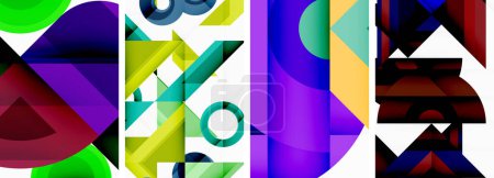Téléchargez les illustrations : Une œuvre d'art textile vibrante avec un collage de formes géométriques colorées dans des tons azur, violet, magenta et violet sur un fond blanc - en licence libre de droit