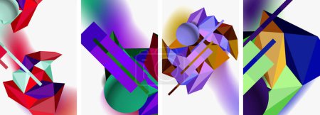 Téléchargez les illustrations : Un collage vibrant avec un éventail coloré de formes géométriques, y compris des nuances de violet, violet, magenta et peinture sur un fond blanc, mettant en valeur la créativité et le flair artistique - en licence libre de droit