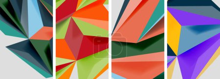 Téléchargez les illustrations : Une œuvre d'art créative avec un collage de quatre formes géométriques de couleurs différentes triangle, rectangle, dans les teintes et les nuances, y compris un bleu électrique, sur un fond blanc - en licence libre de droit