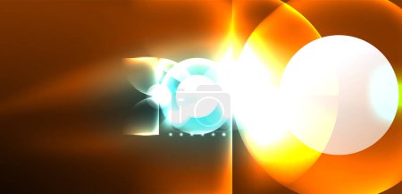 Ilustración de Una imagen generada por computadora de un círculo brillante en tonos azules y ámbar eléctricos sobre un fondo marrón que se asemeja a gas o líquido con un efecto de destello de lente, que transmite vibraciones de calor y electricidad. - Imagen libre de derechos