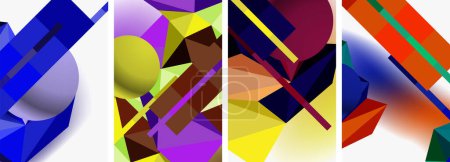 Téléchargez les illustrations : Un collage vibrant de formes géométriques colorées dans des tons de violet, de magenta et de violet sur un fond blanc. Comprend des rectangles, des triangles et des éléments artistiques créatifs - en licence libre de droit