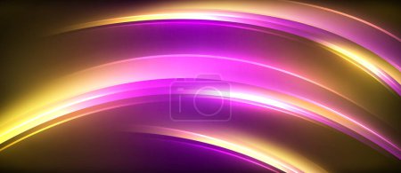 Ilustración de Una vibrante ola de tonos púrpura y amarillo contrasta con un fondo oscuro, parecido al líquido en movimiento. Salpicaduras de magenta y azul eléctrico añaden un toque dinámico al colorido de la escena - Imagen libre de derechos