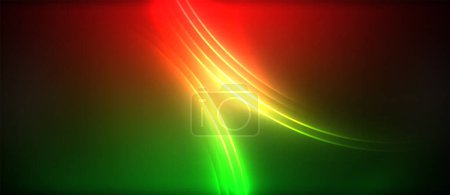 Ilustración de Un espectro vibrante de luces rojas, naranjas y verdes ilumina el cielo de medianoche sobre un fondo negro, creando un efecto similar a un objeto astronómico en el horizonte. - Imagen libre de derechos