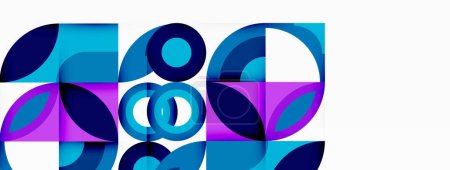 Téléchargez les illustrations : Une œuvre d'art avec un motif géométrique bleu et violet sur fond blanc, composé de rectangles, cercles, teintes et nuances de violet et de magenta, avec des éclats de bleu électrique - en licence libre de droit