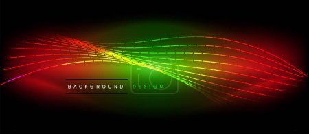 Téléchargez les illustrations : Événement de divertissement présentant un affichage dynamique des ondes au néon rouge, vert et jaune sur fond noir, rehaussé d'une fusée éclairante à lentille magenta et d'effets d'éclairage bleu électrique - en licence libre de droit