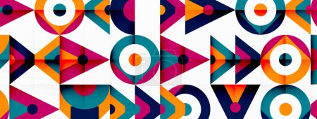 Ilustración de Un patrón geométrico vibrante de rectángulos, triángulos, círculos y flechas en tonos magenta y tonos, mostrando simetría y creatividad en el arte textil - Imagen libre de derechos