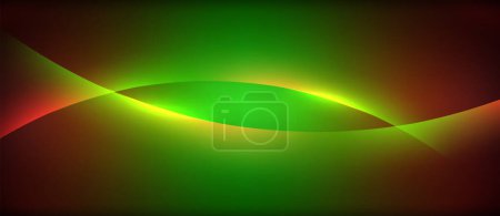Ilustración de Un círculo azul eléctrico, que representa un objeto astronómico, crea una iluminación de efecto visual como una llamarada de lente en una onda verde y roja líquida sobre un fondo oscuro. - Imagen libre de derechos