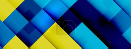 Ilustración de Vibrante colorido de patrón geométrico azul y amarillo con cuadrados, triángulos y rectángulos sobre fondo acuático. Características tonos de azul y azul eléctrico - Imagen libre de derechos