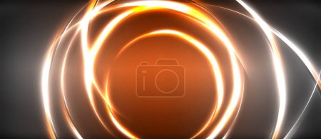 Téléchargez les illustrations : Plan rapproché d'un cercle lumineux ambré sur un fond sombre ressemblant à un liquide ou à un gaz. Il pourrait être considéré comme un instrument de musique, un éclairage automobile ou une œuvre d'art lors d'un événement - en licence libre de droit
