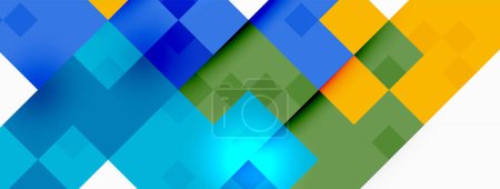 Ein künstlerisch arrangiertes blaues, gelbes und grünes geometrisches Muster mit Rechtecken, Dreiecken und einem symmetrischen Design auf einem knackig weißen Hintergrund, das ein lebendiges und farbenfrohes Kunstwerk schafft