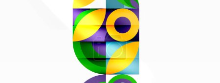 Ilustración de Un diseño artístico con formas geométricas coloridas como círculos, rectángulos y patrones en azul eléctrico, magenta y violeta sobre un fondo blanco. Un logotipo moderno y vibrante o una pieza de arte - Imagen libre de derechos